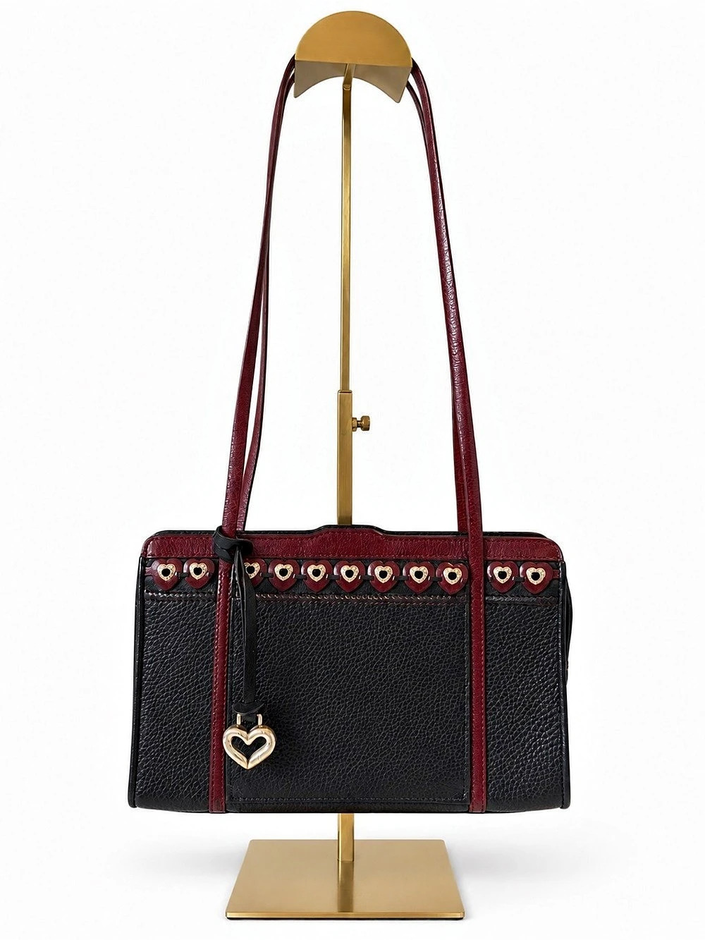 Brighton Black Burgundy Leather Heart Studded Shoulder Bag Y2K Boho Western